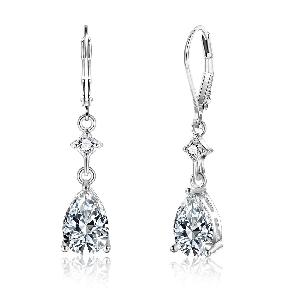 Silver Teardrop Earrings for Women Cubic Zirconia Silver Drop Leverback Dangle